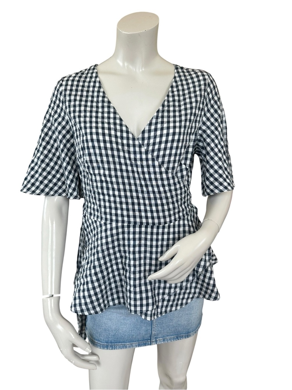 NWT Loft Navy Blue & White Gingham 3/4 Flutter Sleeve Wrap Top Size Medium